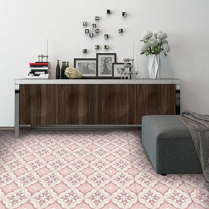 Pink Floral Geometric Peel and Stick Floor Tiles 12x12 Inch 10PCS | Pink and white floral geometric tile pattern vinyl floor stickers for kitchen bathroom entryway and indoor home decor