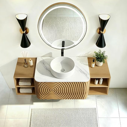54" Floating Bathroom Vanity with Sink, Mid-Century Wall Mounted Bathroom Vanity Cabinet with Wood Waved Decor,Ceramic Vessel Basin and Sintered Stone Top, Soft Close Drawer, 2 Side Open Cube