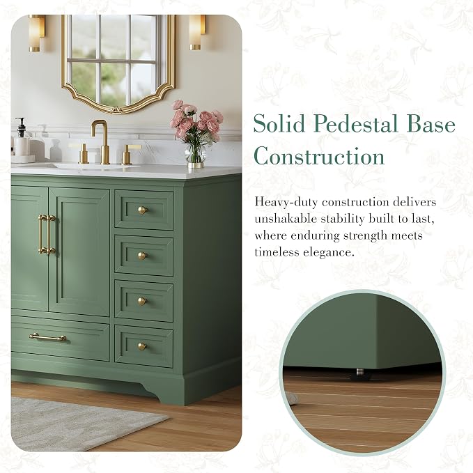 48 Inch Bathroom Vanity with Sink, Fully Assembled, Green | Bathroom Vanity with Solid Wood Frame, Carrara White Stone Countertop and Backsplash, 9 Soft-Close Dovetail Drawers