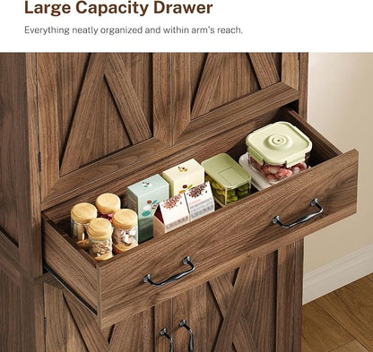 Tall Storage Cabinet with 2 Adjustable Shelves & 1 Large Drawer, Kitchen Pantry Cabinet with 4 Doors, Bathroom Storage Cabinets, for Living Room, Kitchen, Bathroom, Walnut