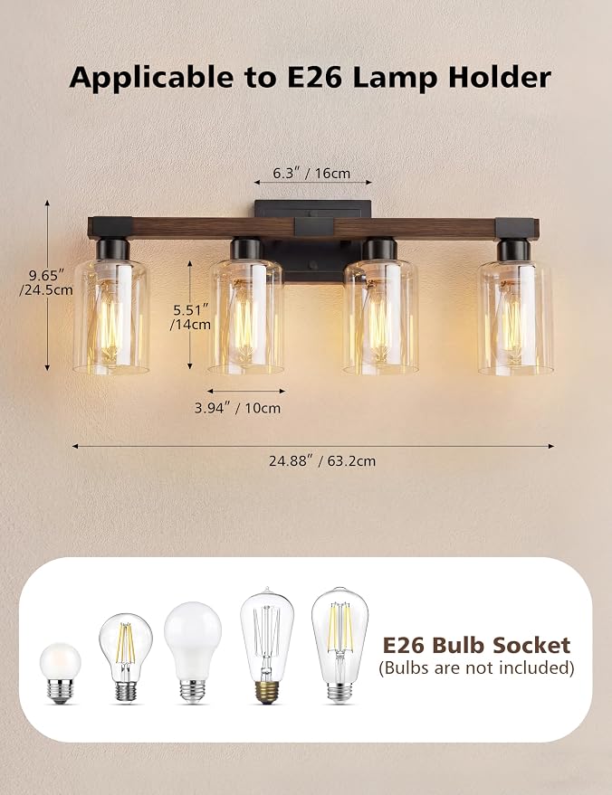 VOLISUN Farmhouse Bathroom Vanity Light Fixtures,4 Light,UL Certificated | 4 Light Bathroom Vanity Lights Over Mirror, Rustic Vanity Light for Bathrooms,Wood Bathrooms Lights Fixtures Over Mirror