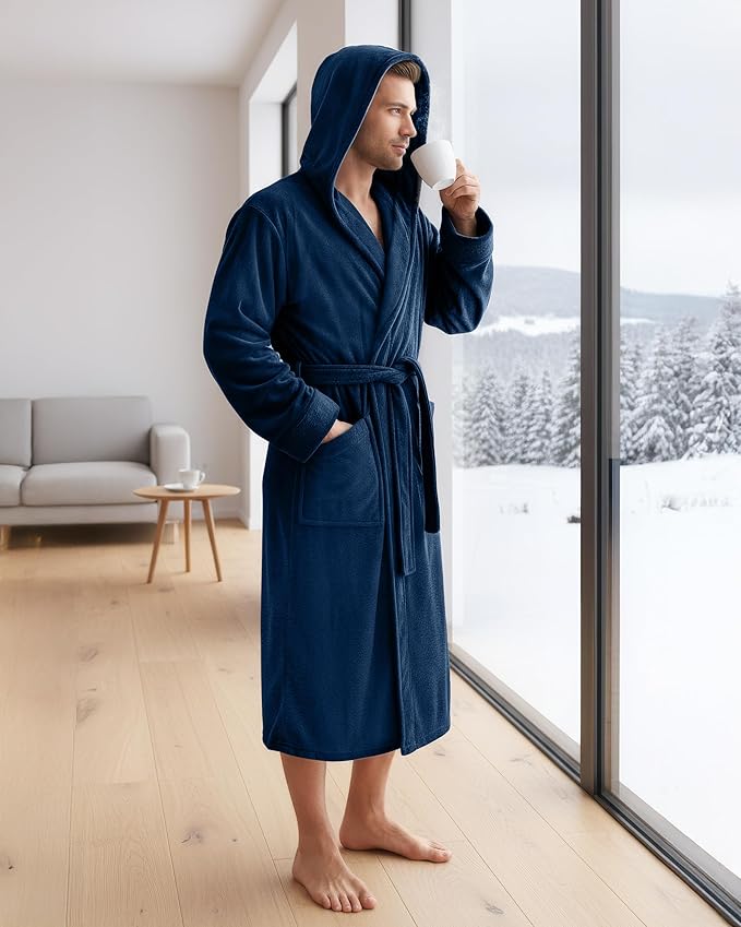 NY Threads Mens Robe with Hood, Luxury Plush Fleece Hooded Mens Bathrobe, Spa Bath Robe for Men