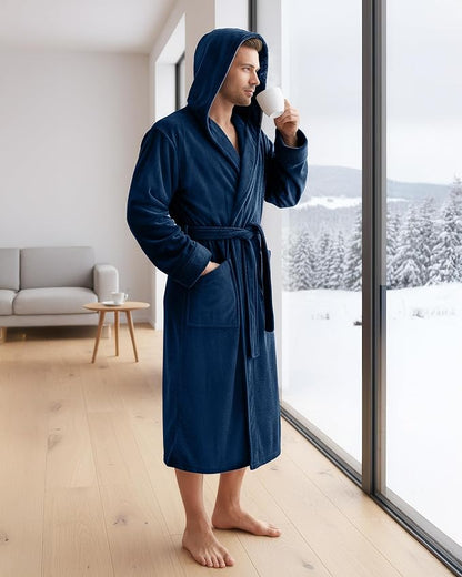 NY Threads Mens Robe with Hood, Luxury Plush Fleece Hooded Mens Bathrobe, Spa Bath Robe for Men