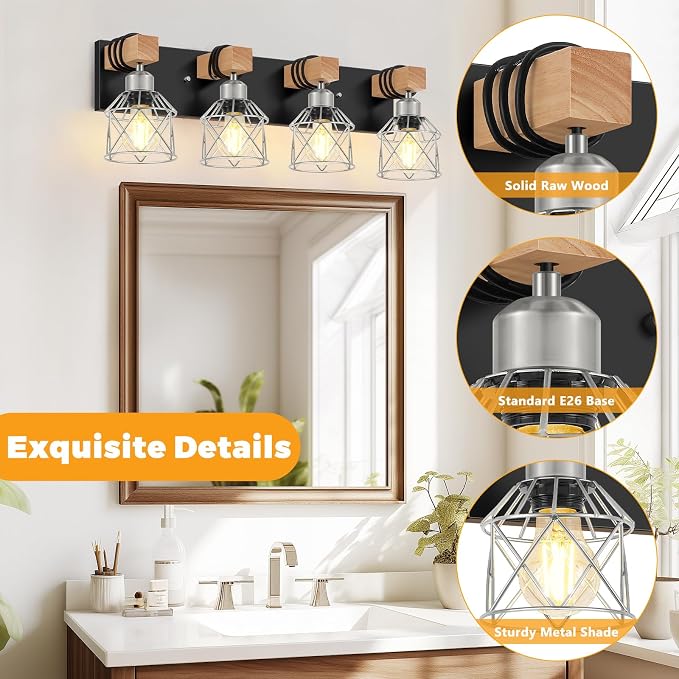FadimiKoo Farmhouse Vanity Light for Bathroom, 4-Light Rustic Wood Black Bathroom Light Fixtures with Elegant Silver Metal Cage, Vintage Vanity Lights Over Mirror for Living Room Bedroom Hallway