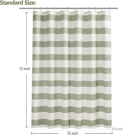 Boho Farmhouse Thick Shower Curtain with Tassels, 350GSM Cotton Linen Soft Fabric Shower Curtain Heavyweight, Sage Green Rustic Country Striped Bathroom Decor Curtain Water Repellent
