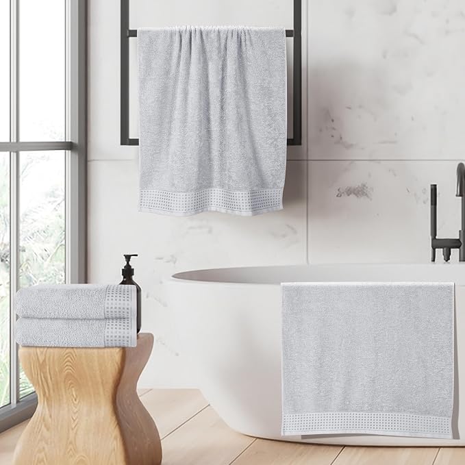 GLAMBURG Ultra Soft 4 Pack Oversized Bath Towel Set 27x54 inches, 100% Cotton Bath Towels, Highly Absorbant Compact Quickdry & Lightweight Towel, Ideal for Gym Travel Camp Pool - Light Grey