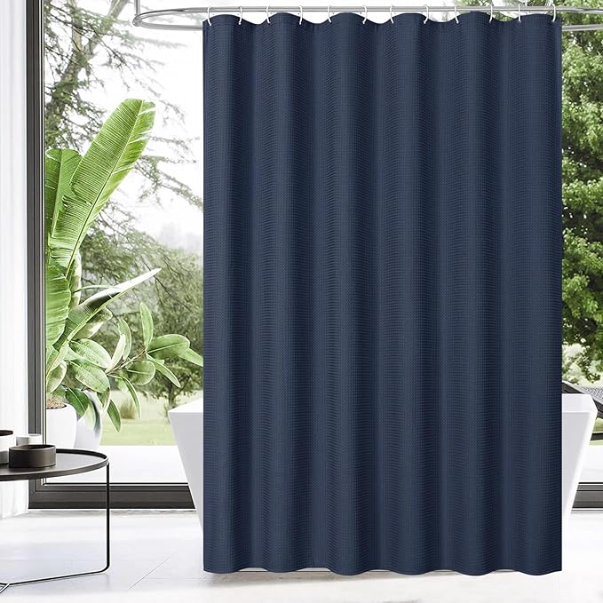 MitoVilla Extra Long Waffle Shower Curtain 72 x 84, Blue Farmhouse Fabric 84 inch Shower Curtain, Navy Blue Modern XL Shower Curtains for Bathroom Decor, Weighted Shower Curtain Set with Hooks