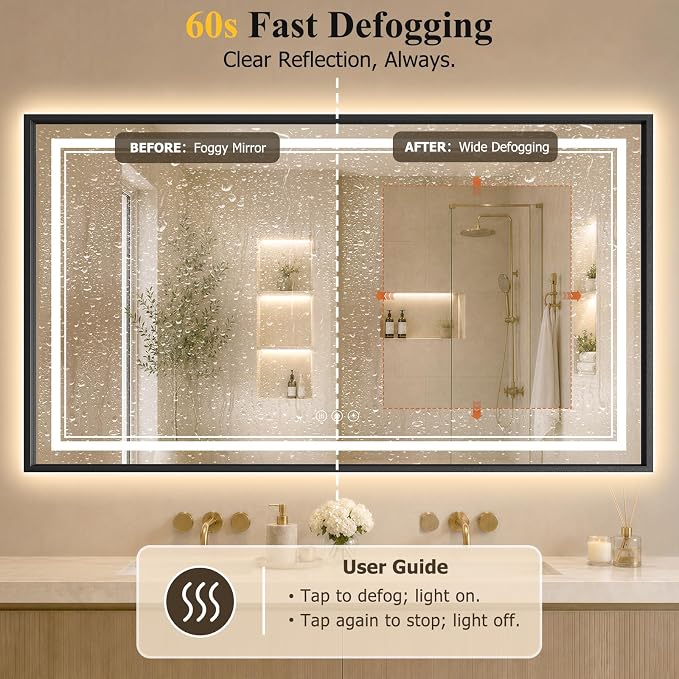 36"x60" LED Bathroom Mirror with Lights, Backlit + Front Lit, Anti-Fog | Lighted Bathroom Mirror with One-Piece Aluminum Alloy Frame, HD Shatterproof Tempered Glass, Dimmable, Memory Function