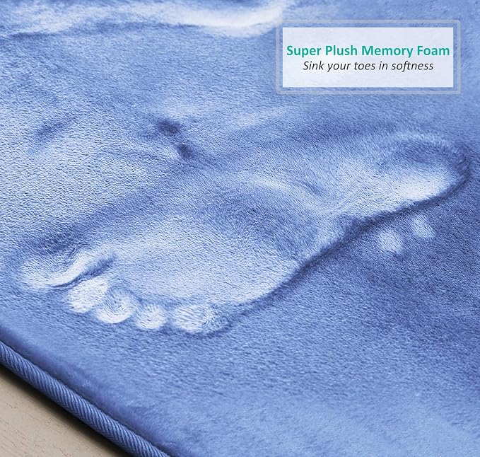 Clara Clark 2 Piece Bathroom Rugs, Velvet Memory Foam Bath Mat Set, Non-Slip Bath Rugs, Machine Wash, Dries Quickly, Ultra Soft Plush Bath Mats for Bathroom, 17 x 24 + Contour, Calm Blue