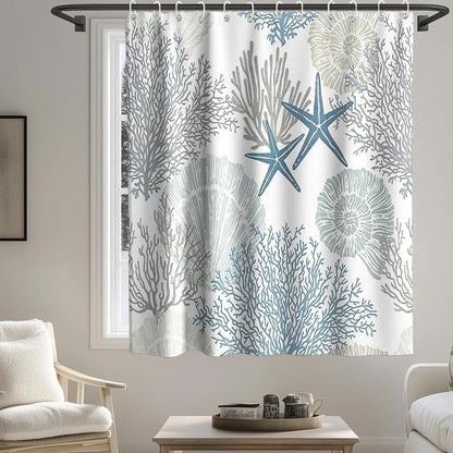 Modern Ocean Rustic Shower Curtain, Coastal Summer Aesthetic Unique Seashell Shower Curtains for Bathroom, Waterproof Bath Curtain with Hooks Machine Washable Bathtub Curtains 72x72 Inch Blue