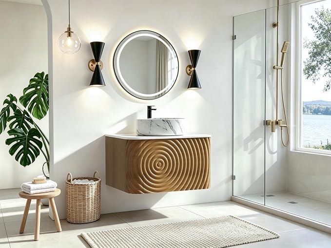 24" Floating Bathroom Vanity with Sink, Mid-Century Wall Mounted Bathroom Vanity Cabinet with Waved Decor, Marble Ceramic Basin, Sintered Stone Top, Soft Close Storage Drawer, Natural