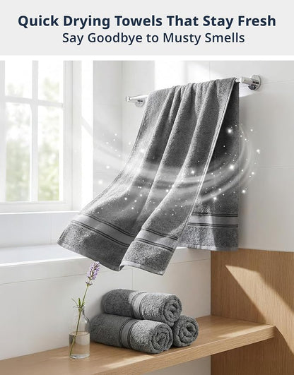 LANE LINEN Bath Towel Set 100% Cotton 6 Piece Soft Absorbent - Grey | Bath Towels Set Of 6 - Densely Woven, Coordinated Colors, Dobby Border Accent, OEKO-TEX Certified, Zero-Twist Durability