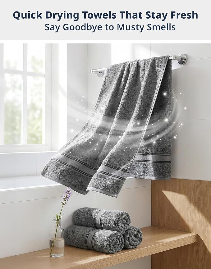 LANE LINEN Bath Towel Set 100% Cotton 12 Piece Soft Absorbent - Grey | Shower Towels - Generously Sized, Oversized & Roomy, Lightweight & Breathable, Fade-Resistant Color, Classic Terry Weave