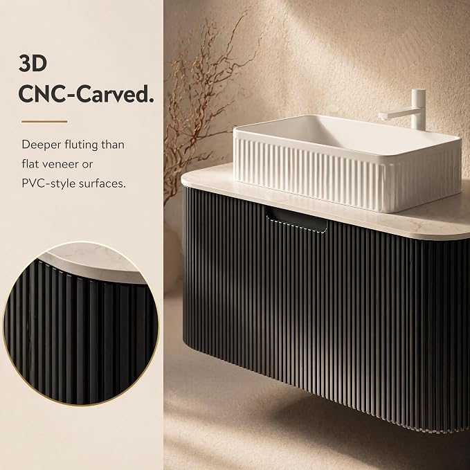 36 Inch Bathroom Vanity with Sink, Floating Wall Mounted Single Sink Vanity, Black Curved Fluted Front, Stone Top, White Textured Rectangular Vessel Basin, Pre-Assembled