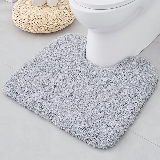 ILANGO Silver Toilet Rugs U Shaped 22" × 24" Non Slip & Super Absorbent Extra Thick Soft, Washable Bath Mats for Bathroom Floor, Microfiber Plush Shaggy Contour Bath Rugs for Toilet,Dry Quick