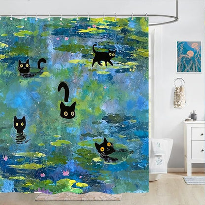 Accnicc Cute Cat Shower Curtain 84 Inch Extra Long Funny Fun Cool Cats Monet Shower Curtains for Bathroom Water Lilies Waterproof Fabric Bath Curtain Decor