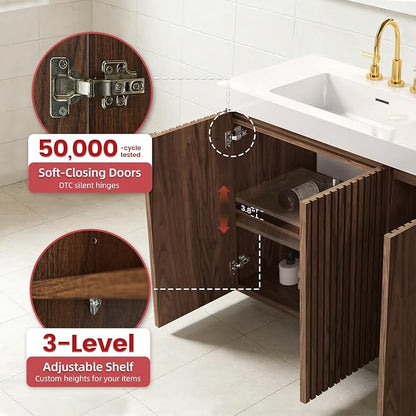 60 Inch Bathroom Vanity with Double Sink, Freestanding Double Sink Bathroom Vanity with White Engineered Stone Top, Open Storage Cabinet & Adjustable Shelf, Walnut (3 Holes)