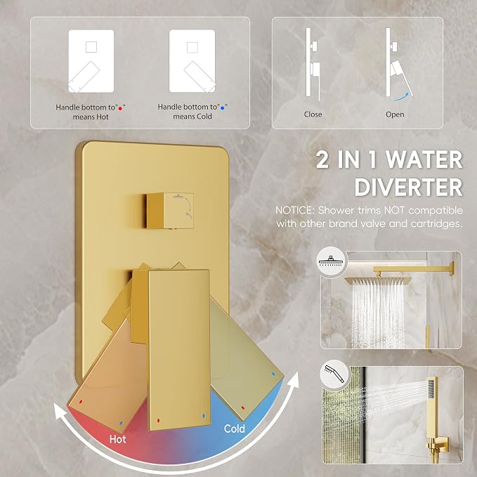 Alesco Shower Faucet Set, Gold Shower System with 12-Inch High-Pressure Rainfall Showerheads and Handheld Spray combo, Showerfixture Include Valve and Trim Kit, Brushed Gold