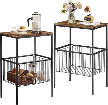 VECELO Tall Night Stand with Metal Basket,End Table with Shelf Storage Organizer, Wood Nightstand for Bedroom, Living Room,Bathroom