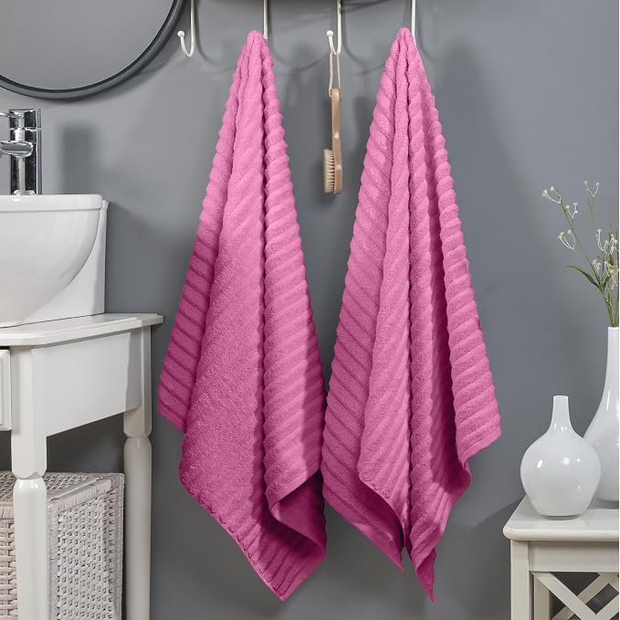 Elegant Comfort 100% Turkish Cotton Corduroy Ribbed Luxury Soft 2 Pack Bath Towels 27 x 54 Inch - Ultra Plush, Absorbent, Quick Dry, Hotel Spa Quality Towels for Bathroom Essentials, Light Pink