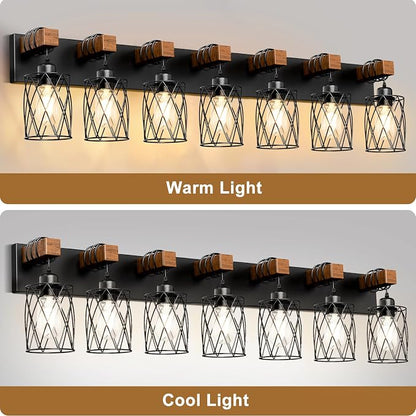 IZORRO Farmhouse Bathroom Vanity Light, 7-Light Wood Bathroom Light Fixtures Over Mirror, Black Industrial Vanity Lights with Metal Shade, Rustic Restroom Lighting Fixtures