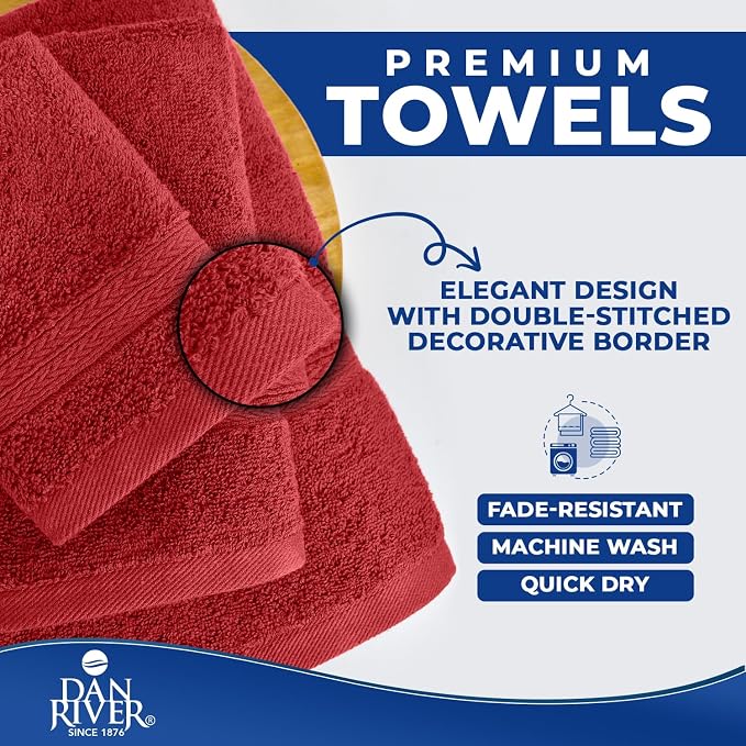 DAN RIVER 8 Piece Luxury Bath Towels for Bathroom, Towel Set, Red | 2 Bath towels, 2 Hand towels, and 4 Wash Cloths, 600 GSM 100% Ring Spun Cotton, Highly Absorbent, Gym, Hotel, guest, and Spa