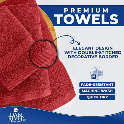 DAN RIVER 8 Piece Luxury Bath Towels for Bathroom, Towel Set, Red | 2 Bath towels, 2 Hand towels, and 4 Wash Cloths, 600 GSM 100% Ring Spun Cotton, Highly Absorbent, Gym, Hotel, guest, and Spa