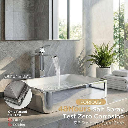 Forious Vessel Bathroom Sink Faucets 1 Hole Chrome, Tall Waterfall Bathroom Faucet Single Handle with Pop Up Drain and Supply Lines for Bowel Sink, Deck Mount
