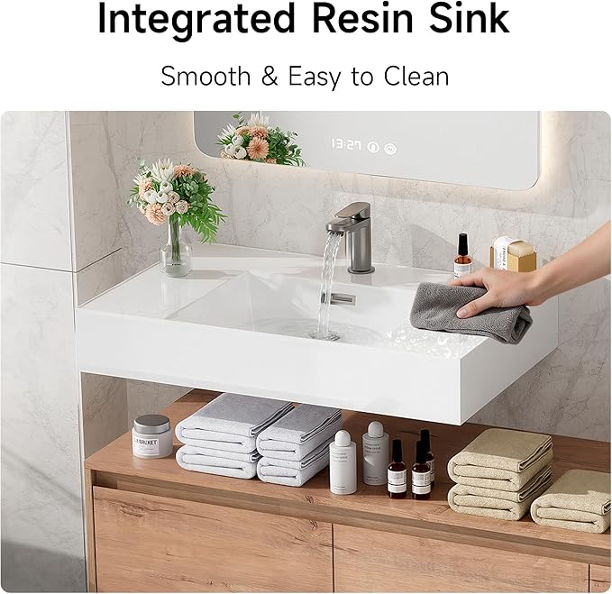 60 Inch Floating Bathroom Vanity with Single Sink, Modern Wall-Mounted Bathroom Cabinet with Resin Sink & Soft Close Drawer, Split-Level Layout (Nature Oak, 60")
