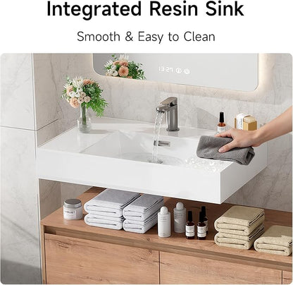 60 Inch Floating Bathroom Vanity with Single Sink, Modern Wall-Mounted Bathroom Cabinet with Resin Sink & Soft Close Drawer, Split-Level Layout (Nature Oak, 60")