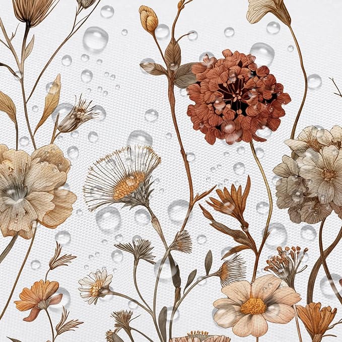 Vintage Boho White Floral Shower Curtain, Brown Cream Tan Rustic Farmhouse Flower Shower Curtain Set, Cute Botanical Wlidflowers Fabric Shower Curtains Decoration, 72X72 Aesthetic Bathroom Accessories