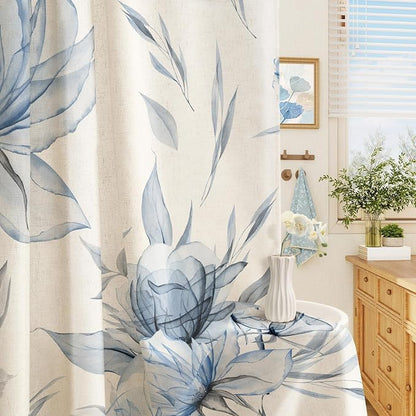 Litabel Farmhouse Blue Floral Linen Shower Curtain, Boho Vintage Spring Cotton Shower Curtains for Chic Elegant Bathroom Decor, Ink Painting Style Blossom Fabric Bath Curtain, 72 x 72