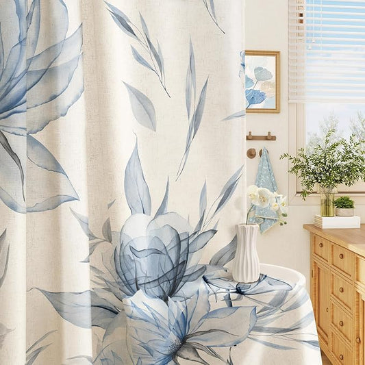 Blue Floral Linen Shower Curtain, Watercolor Botanical Design, 72 x 78 | Boho Floral Design, Watercolor Botanical Style, Ink Painting Flowers & Leaves, Linen Blend Fabric Curtain