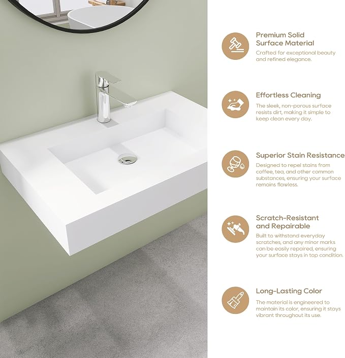 SJ Star&Jane 29" x 19" in Solid Surface Bathroom Sink, Wall-Mount or Countertop Vessel Sink, Rectangle Floating Vanity Sink, Pre-installed Faucet Holes, Durable Modern Design