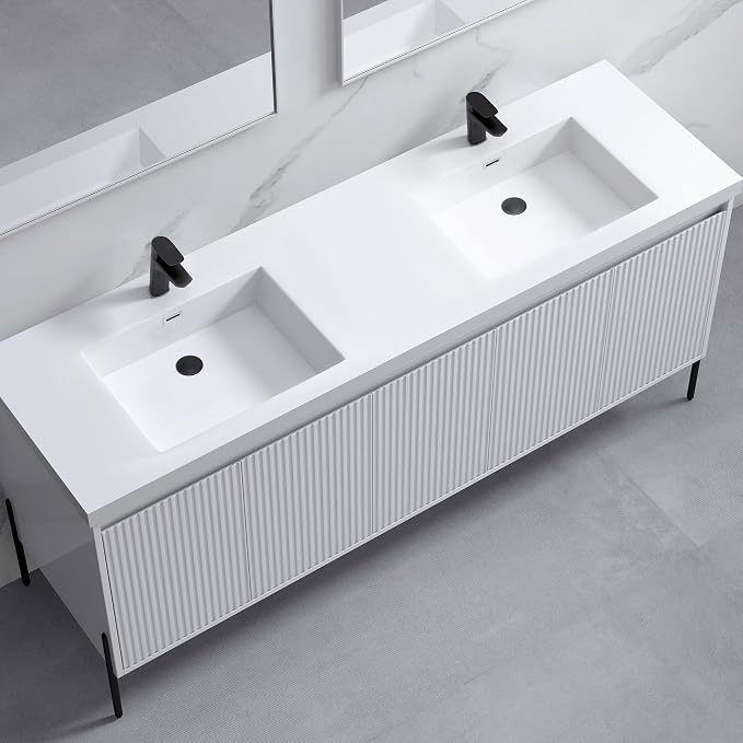 Dowell 73" Bathroom Sink,Double Bowl Vanity Basin,Rectangular Drop-In Bathroom Sink with Overflow,White-000 7322BP