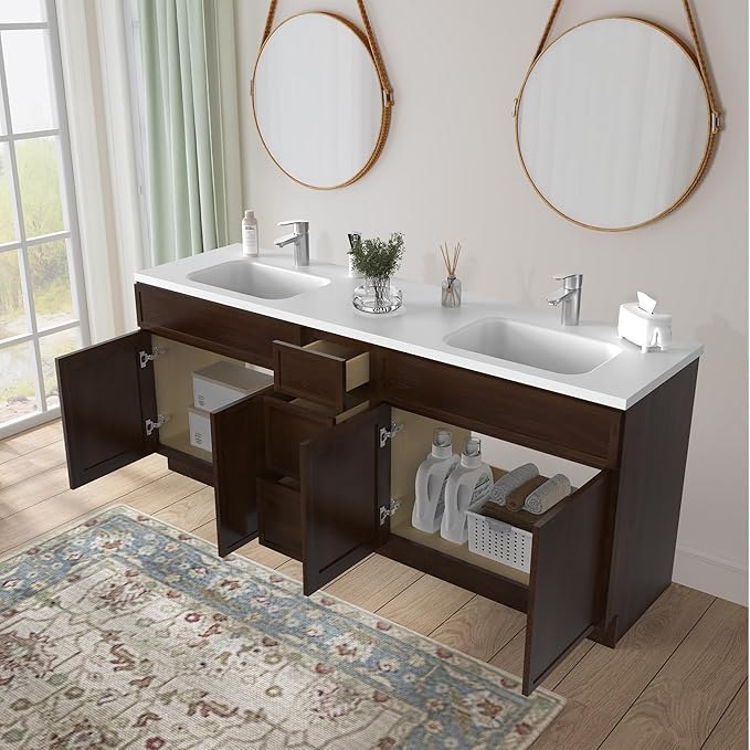 HomeBeyond 84 Inches Bathroom Vanity Base Cabinet Without Sink, Double Sink Top Sturdy Floor Mounted Cabinet with Door & Soft Closing Drawers, Brown, VA4136-2+VA4112-3
