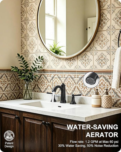 Bathroom Sink Faucet 3 Hole, Black Bathroom Faucet 8 Inch 2 Handles | Lead-Free Brass, Widespread Style, Pop-Up Drain, Pre-installed cUPC Water Hose, 10 Mins Install, For Lavatory Vanity Restroom