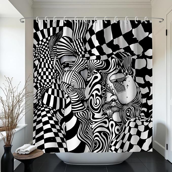 Black White Trippy Abstract Face Shower Curtain Set 72x72 Inches | Trippy Abstract Face Checkerboard Print, Modern Indie Home Guest Housewarming Art Lover Bath Decor, With Fabric Hooks