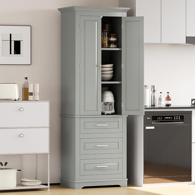 Merax 70" Pantry Cabinet with Two Doors & Three Drawer, Adjustable Shelves Storage Cupboard for Kitchen/Dining Room/Bathroom, Gray