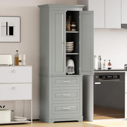 Merax 70" Pantry Cabinet with Two Doors & Three Drawer, Adjustable Shelves Storage Cupboard for Kitchen/Dining Room/Bathroom, Gray
