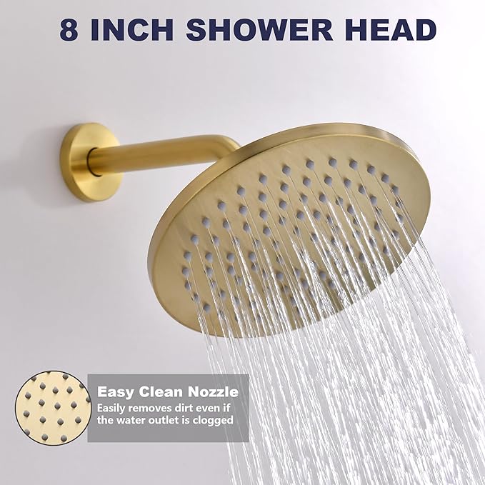 Shower System, All Metal Gold Shower Faucet Set, Brushed Gold | 8" Rainfall Shower Head and Handheld Spray Combo, Round Shower Head and Handle Set with Valve and Trim Kit