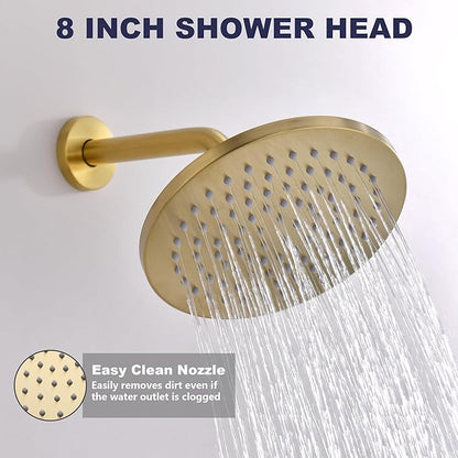 Shower System, All Metal Gold Shower Faucet Set, Brushed Gold | 8" Rainfall Shower Head and Handheld Spray Combo, Round Shower Head and Handle Set with Valve and Trim Kit