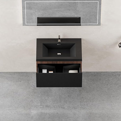 30'' Floating Bathroom Vanity with Sink Combo, Modern Wall-Mounted Striped Bathroom Storage Cabinet with Soft-Close Drawers and Black Quartz Sand Basin, No Assembly Required