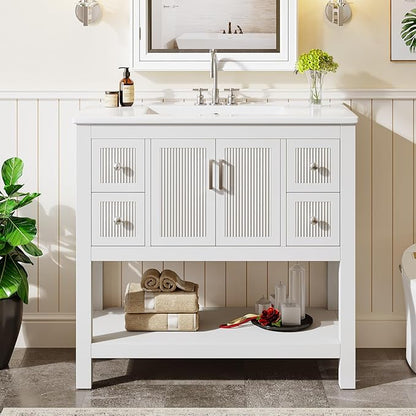 Tribesigns 36" Modern Bathroom Vanity with Sink, Freestanding Bathroom Vanities Cabinet Combo, Bathroom Sink Cabinet with 2 Doors and 1 Drawer, Solid Wooden Frame, White