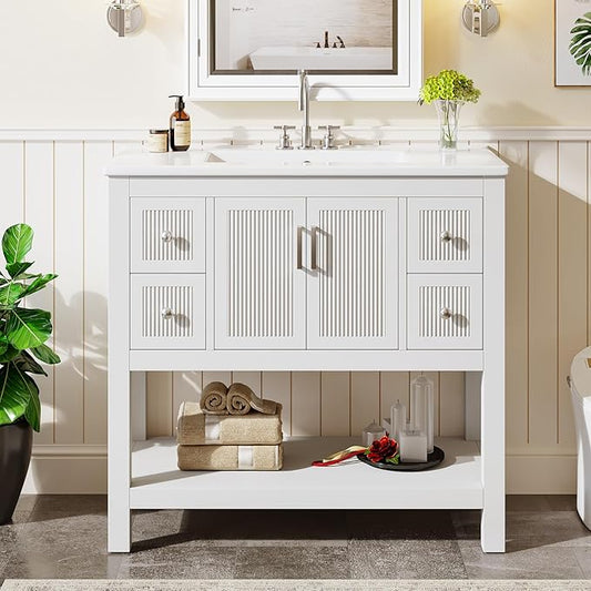 Tribesigns 36" Modern Bathroom Vanity with Sink, Freestanding Bathroom Vanities Cabinet Combo, Bathroom Sink Cabinet with 2 Doors and 1 Drawer, Solid Wooden Frame, White