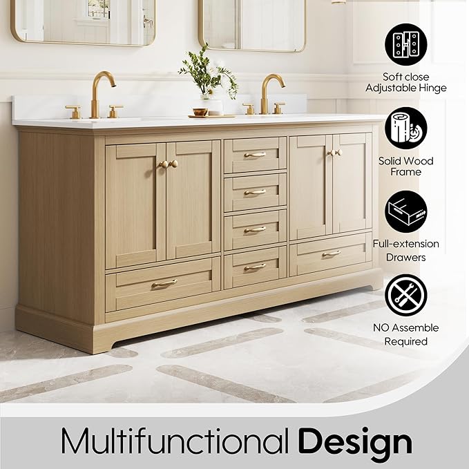 WELLFOR 72 Inch Bathroom Vanity with Double Sinks, Solid Wood Bathroom Vanity W/4 Soft-Close Doors and 6 Drawers, Cultured Marble Countertop Bathroom Vanities W/Two Sinks (Oak)