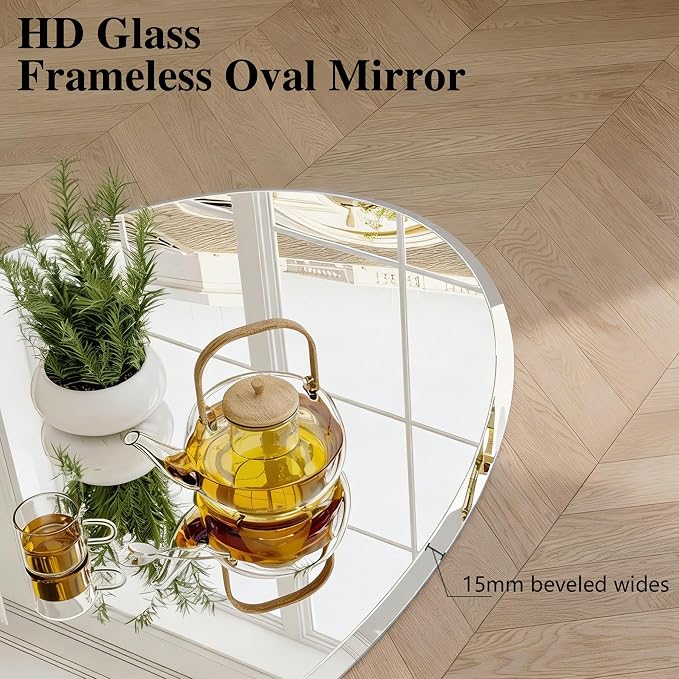 Frameless Oval Mirror, 18"x26" Oval Beveled Bathroom Mirrors | Frameless, 15mm beveled edge, 5mm HD glass, anti-rust, french cleat, horizontally or vertically, for bathroom/bedroom