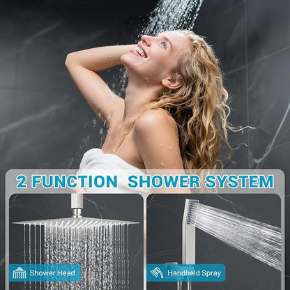 10" Square Ceiling Rain Shower Faucet Set, Brushed Nickel | Anti-scald cartridge, air tech boosts pressure 30%, dual spray, NPT 1/2