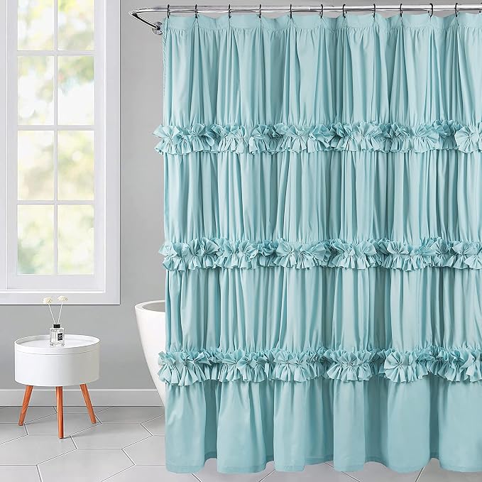 Homechoice Decor Spa Blue Ruffle Shower Curtain with 12 Buttonholes | Vintage Handcrafted Bow Tie Bath Curtain for Master Bathroom, Ruched Microfiber Bathroom Curtain, 72" W x 72" H (LQ-10)