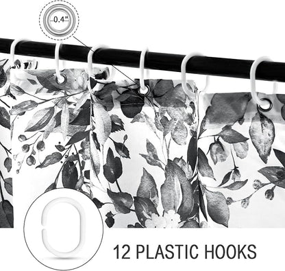 Black Eucalyptus Shower Curtain, Watercolor Floral Print, 72x84 | Watercolor Plant Leaves Floral Print, Extra Long Waterproof Fabric Bathroom Decor, Machine Washable, Rustproof Grommets